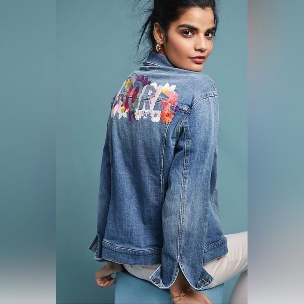 Pilcro Letterpress by Anthropologie AMORE embroidered Jean jacket, size S